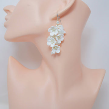 White Flower Petals Pearl Earrings, Long Bridal Jewelry Bridal Earrings Crystal Bridal Earrings Statement Earrings Cz